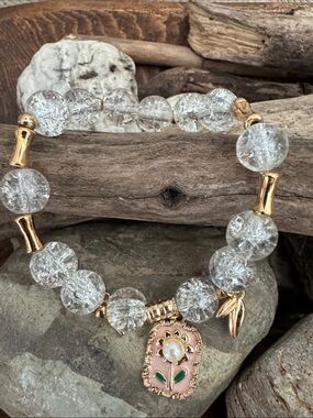 Gold and Clear Crystal Bead Bracelet with Pink Floral Charm